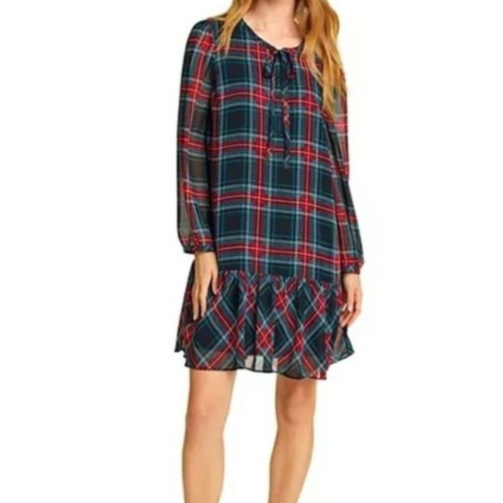 Draper James Plaid Tie Neck Flounce Shift Dress Navy Red holiday size xl